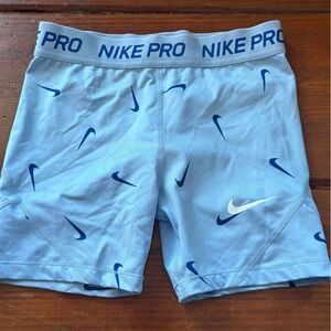 Nike Light Blue Athletic Compression Shorts with Navy Swoosh